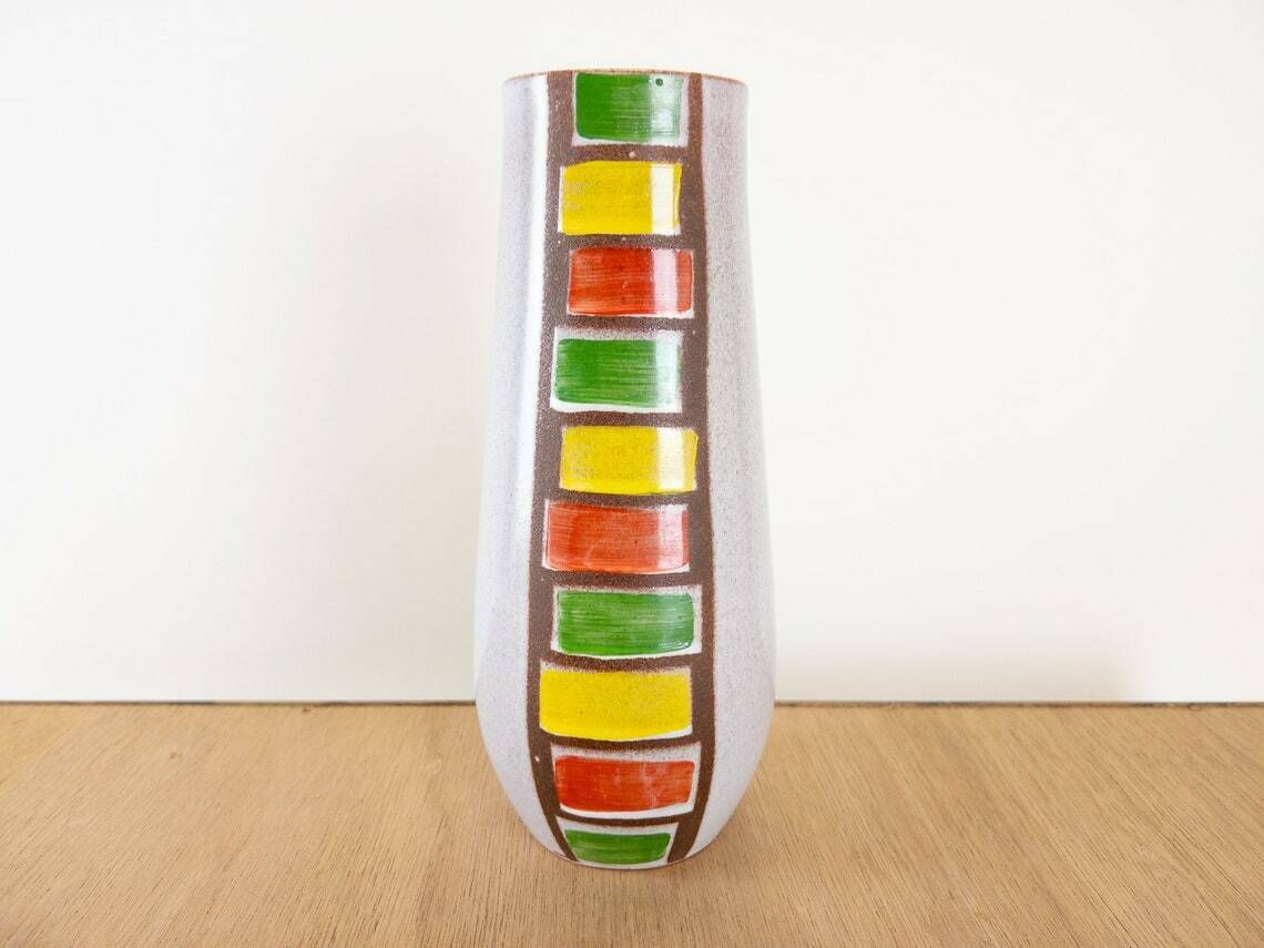 Veb Haldensleben Vases And Bowl With Green, Red And Yellow Striped Glaze photo vinterior