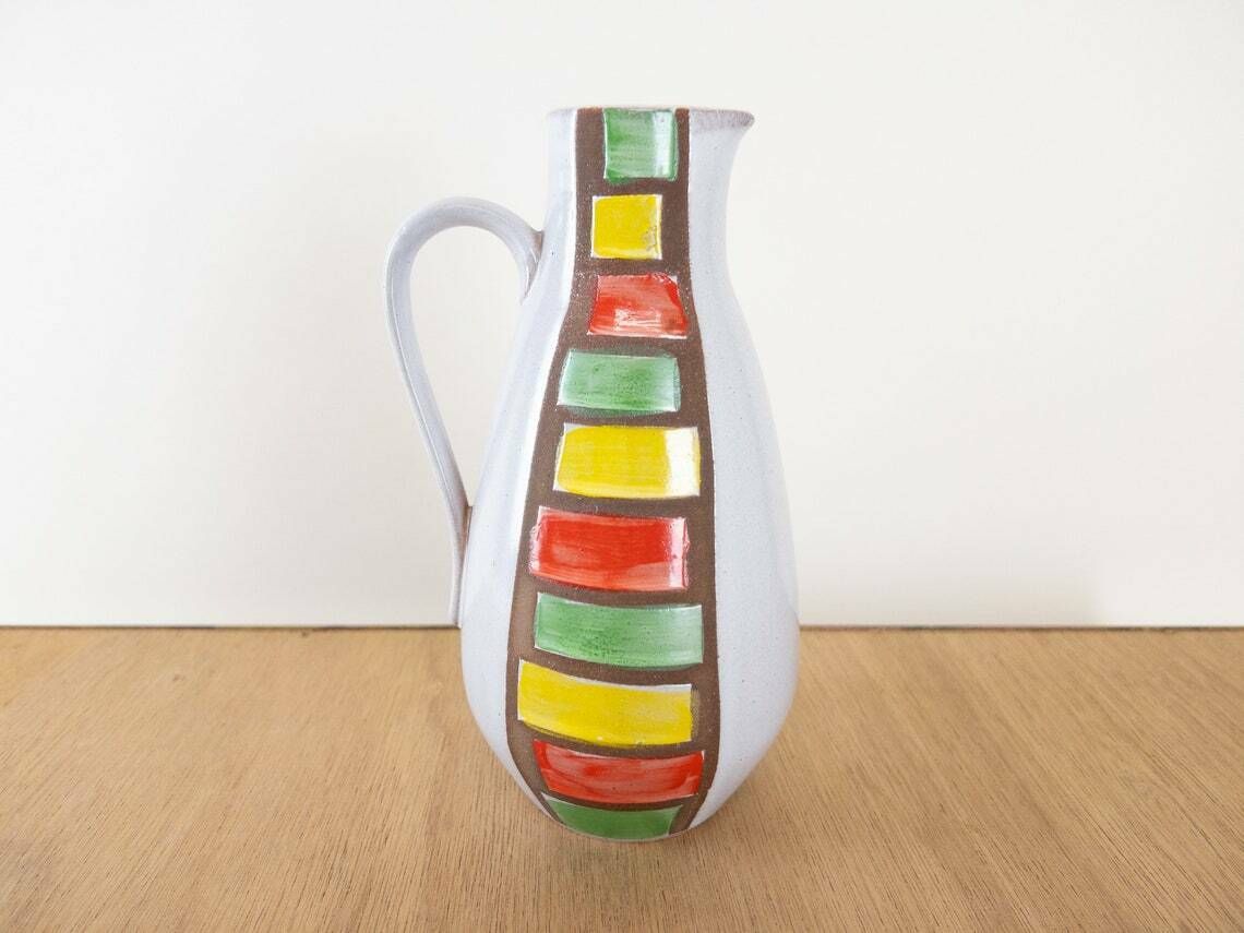 Veb Haldensleben Vases And Bowl With Green, Red And Yellow Striped Glaze photo buy