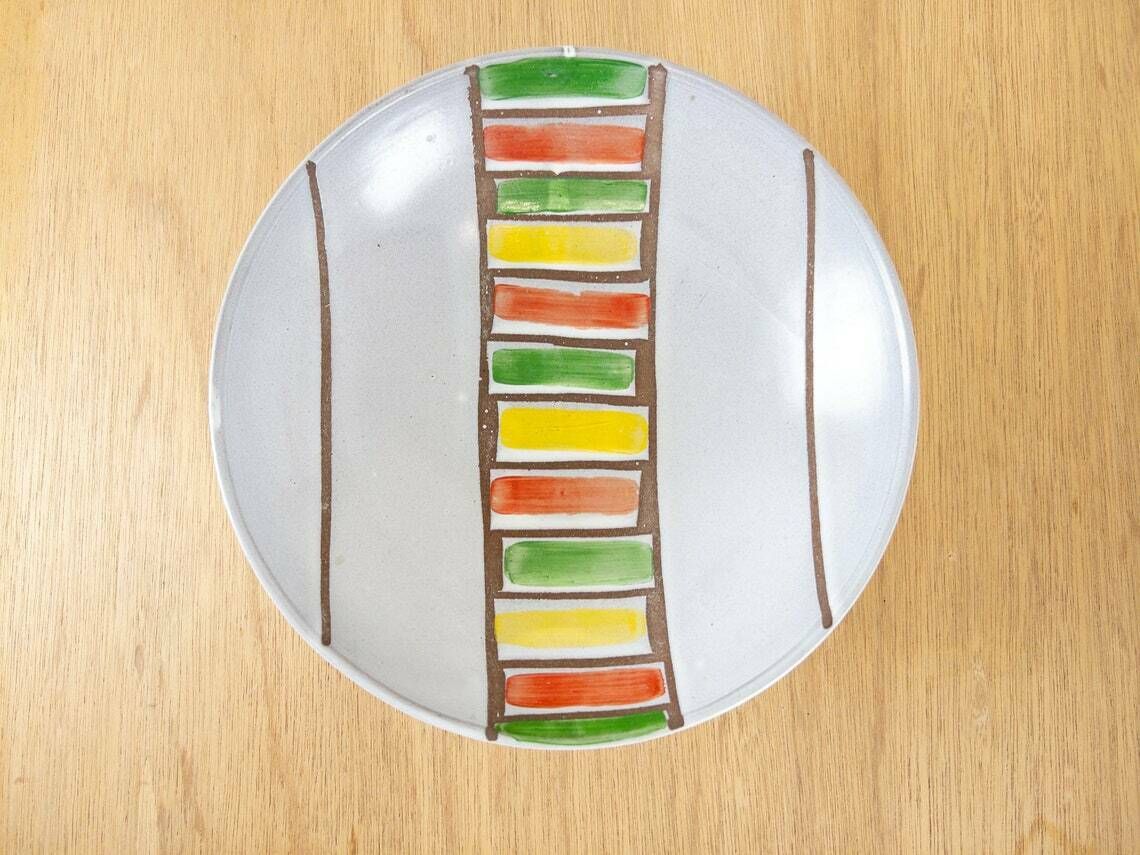 Veb Haldensleben Vases And Bowl With Green, Red And Yellow Striped Glaze photo vintage