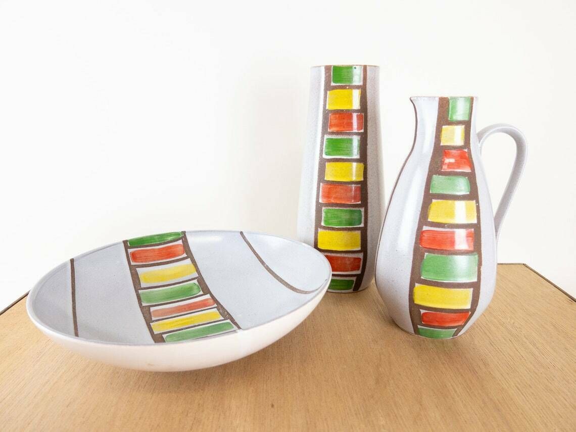 photo for sale Veb Haldensleben Vases And Bowl With Green, Red And Yellow Striped Glaze