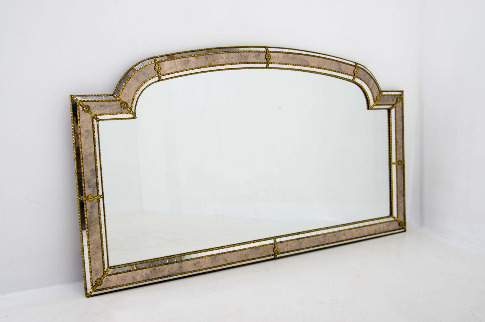 Multi Facets Mirror With Brass Garlands France 1970s