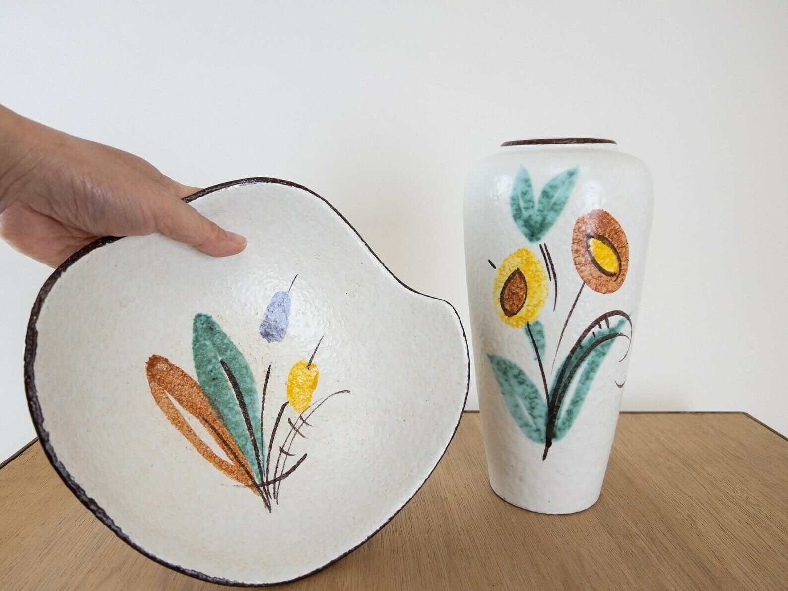 Scheurich Hand Painted 1950s Mid Century Ceramics, Vase And Bowl photo for sale
