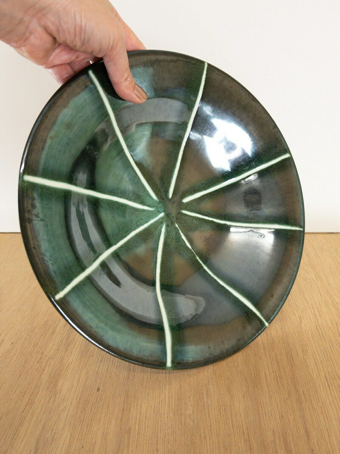 ü Keramik West German Pottery Art Flat Bowl, Iridescent Dark Green And Black, 101 27 photo for sale