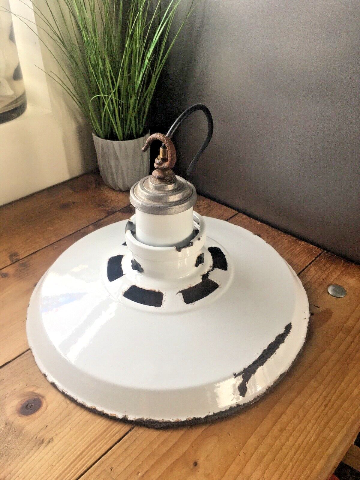 Large 2 Piece Industrial Factory White Enamel Ceiling Pendant Light Shade & Hook photo buy