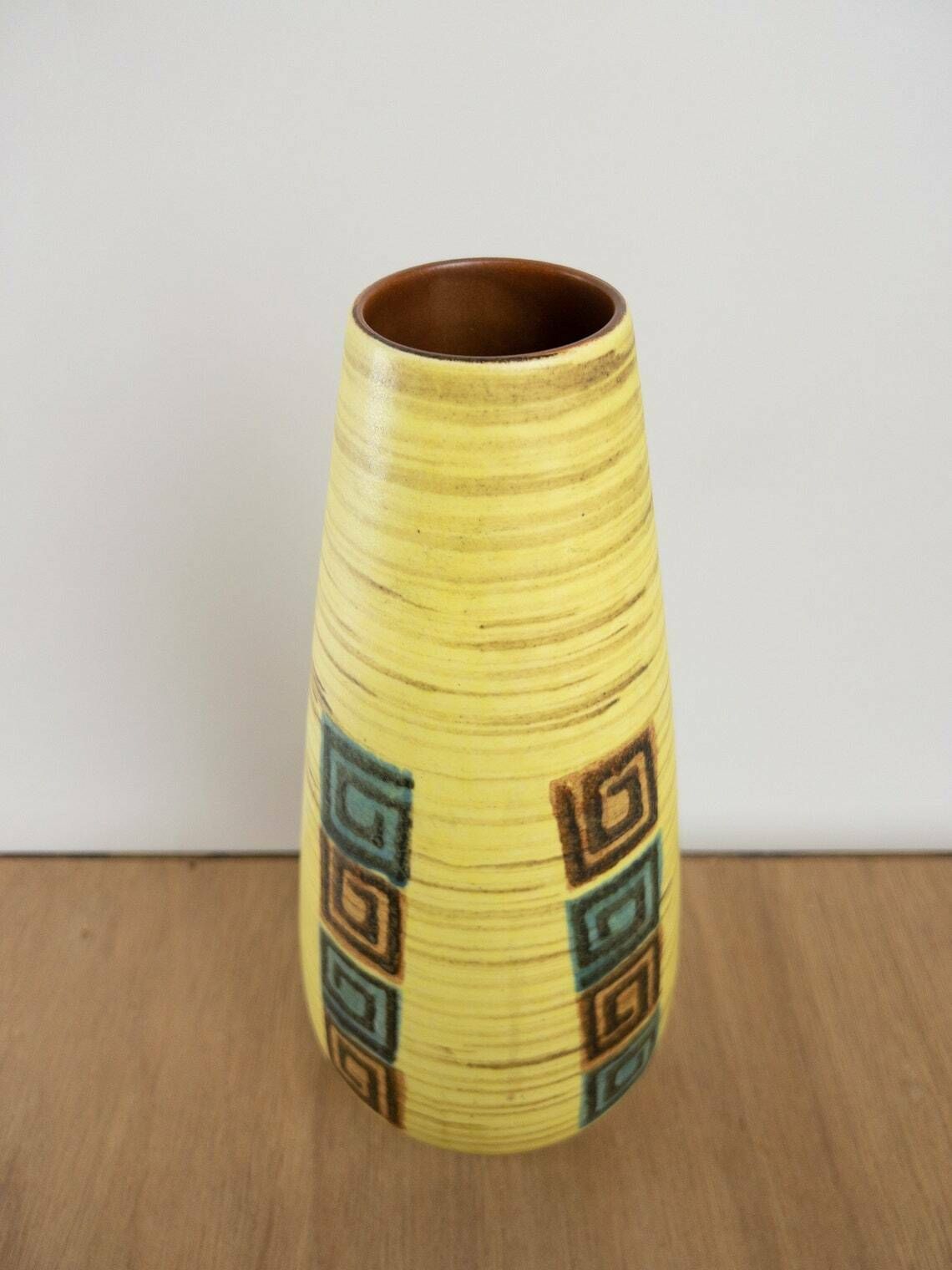 West German Pottery Vase, Dümler And Breiden, Yellow And Blue Tones, Mid Century Modern photo vinterior