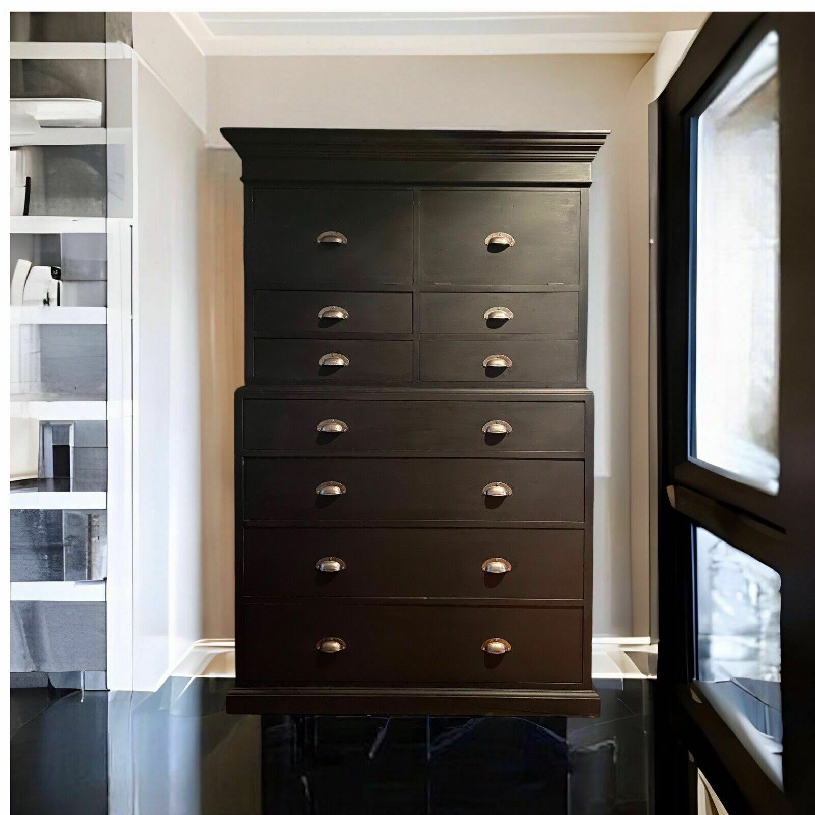 Vintage Repro Antique Style Mahogany Black Painted Chest On Chest Of Drawers photo for sale