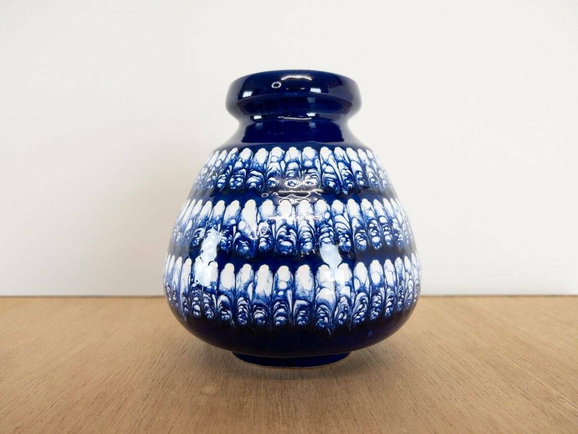 Schlossberg Vase With Ear Handle, Dark Blue And White Marble Decor photo for sale