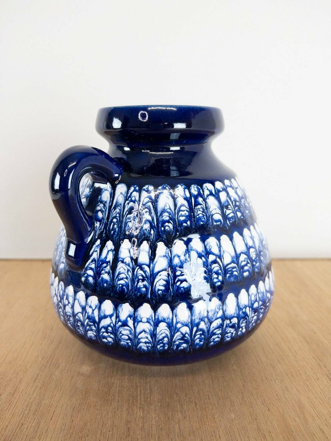 photo for sale Schlossberg Vase With Ear Handle, Dark Blue And White Marble Decor