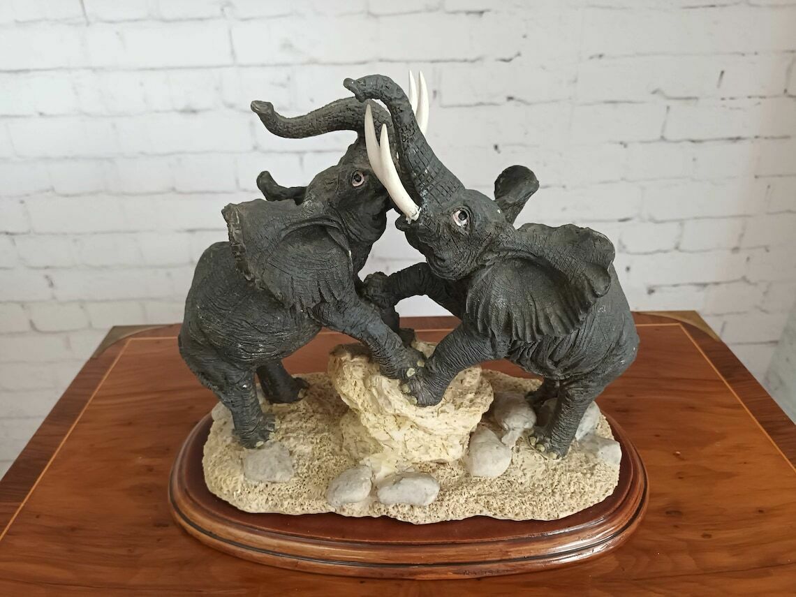 Vintage Pair Large African Elephants Statue Sculpture Figurine Elephant Wildlife photo for sale