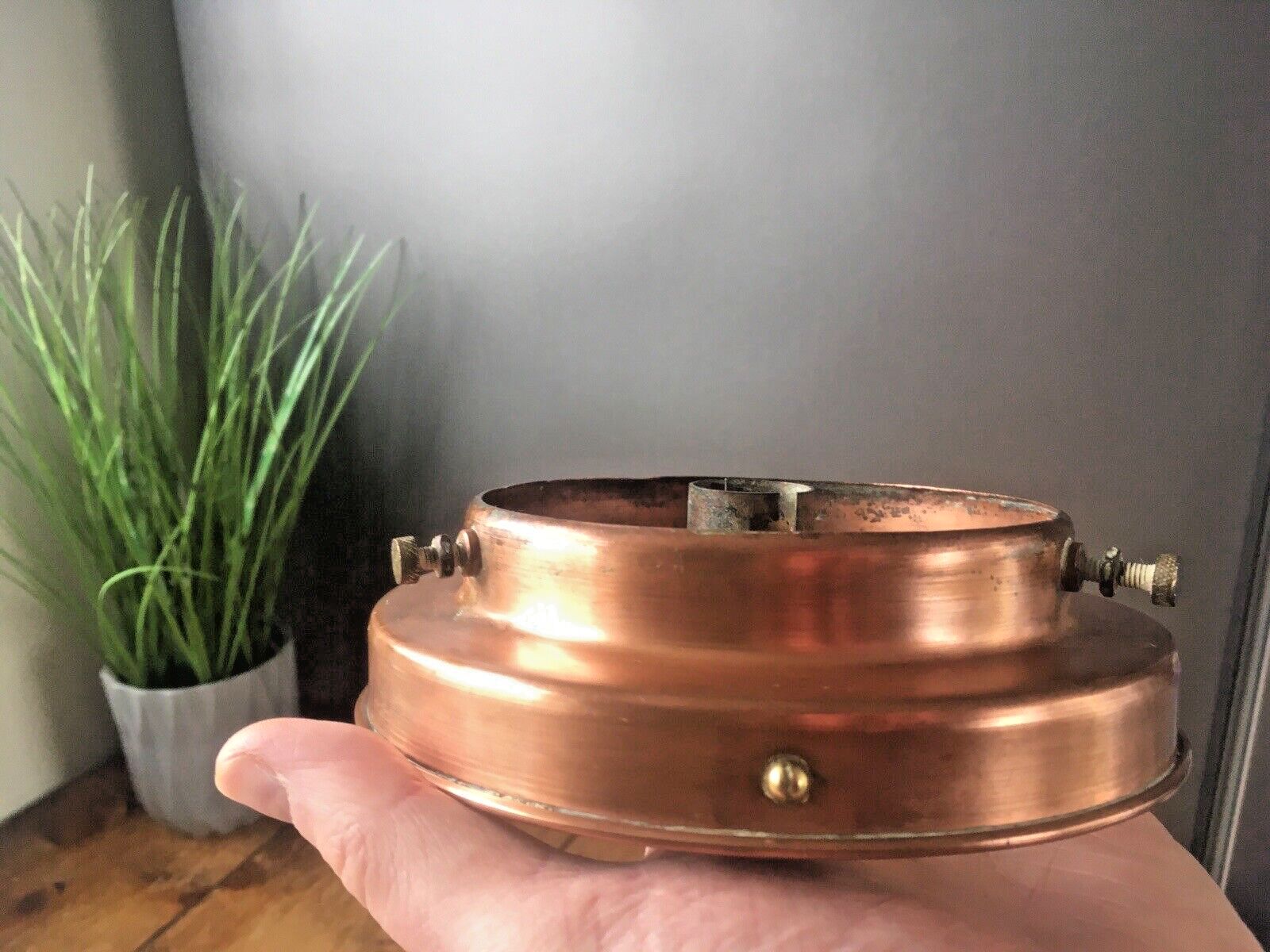 Art Deco Opaline Glass Globe Lamp Shade & Copper Gallery Ceiling Light Fitting photo Lighting