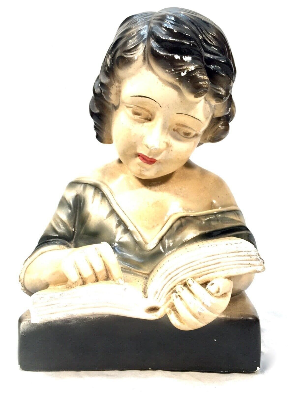 Antique Art Deco French Young Girl Plaster Portrait Bust C.1930 Hand Painted