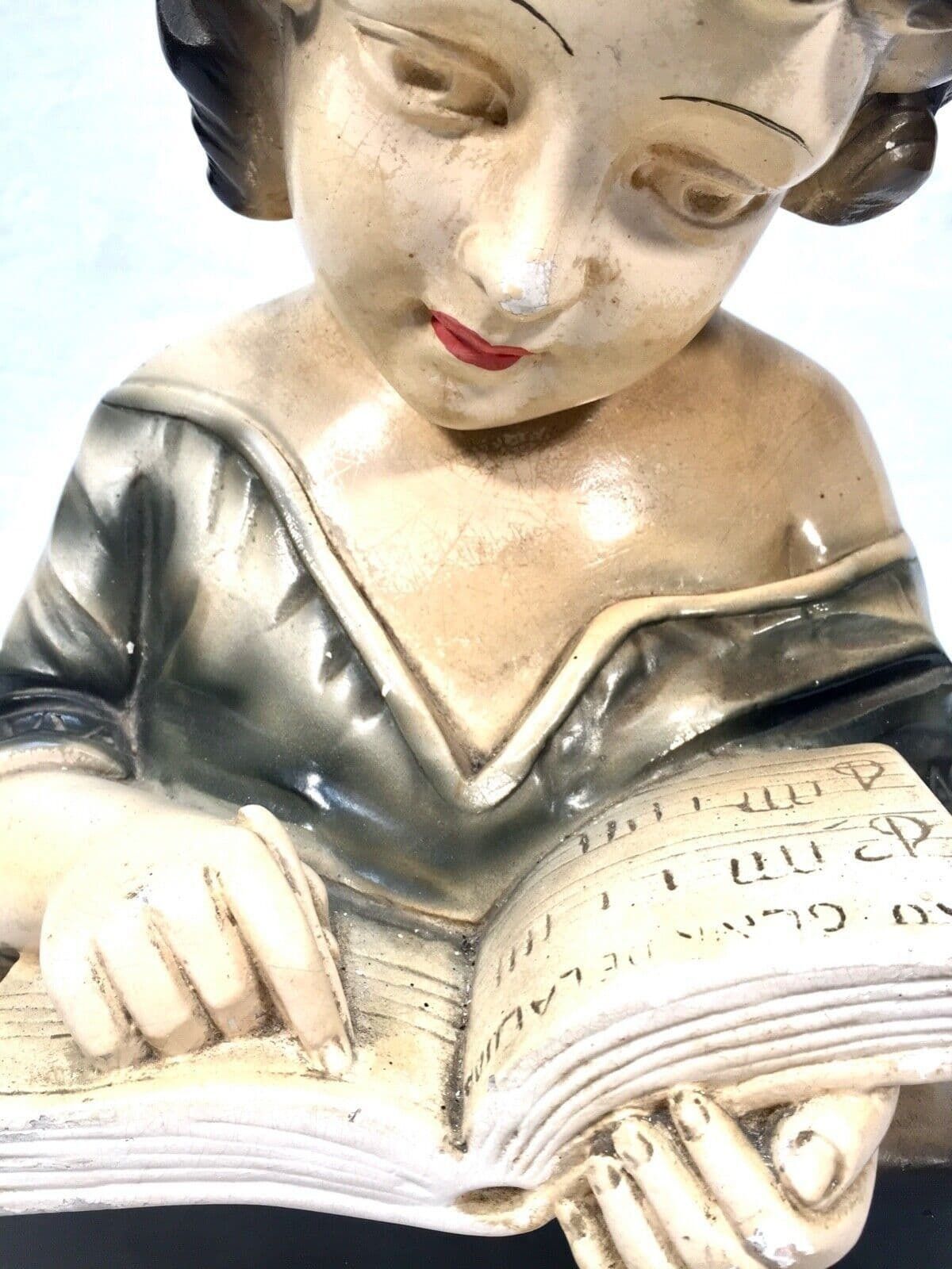 Antique Art Deco French Young Girl Plaster Portrait Bust C.1930 Hand Painted photo Art