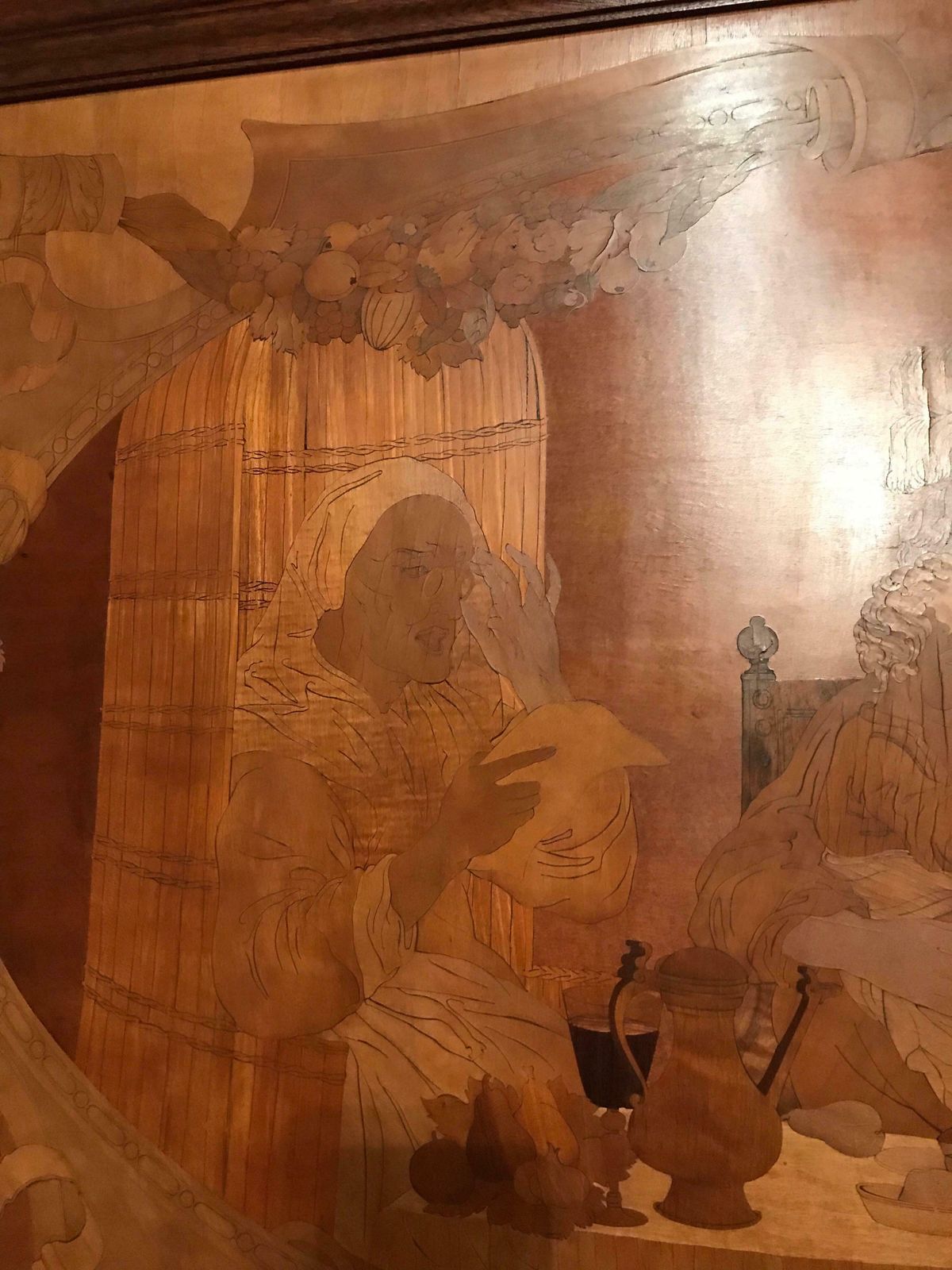 photo for sale Monumental Old Wood Inlaid Mural, Signed W. V. Naive Art