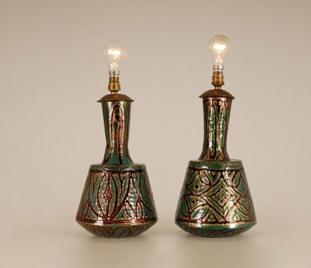 French Art Deco Geometric Table Lamps In Enamel On Copper Camille Faure, 18th Century, Set Of 2 photo Lighting