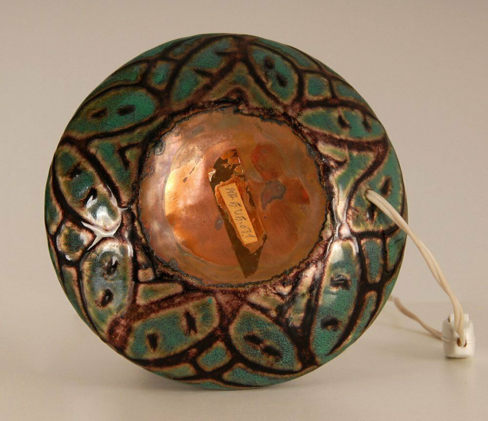 French Art Deco Geometric Table Lamps In Enamel On Copper Camille Faure, 18th Century, Set Of 2 photo vinterior