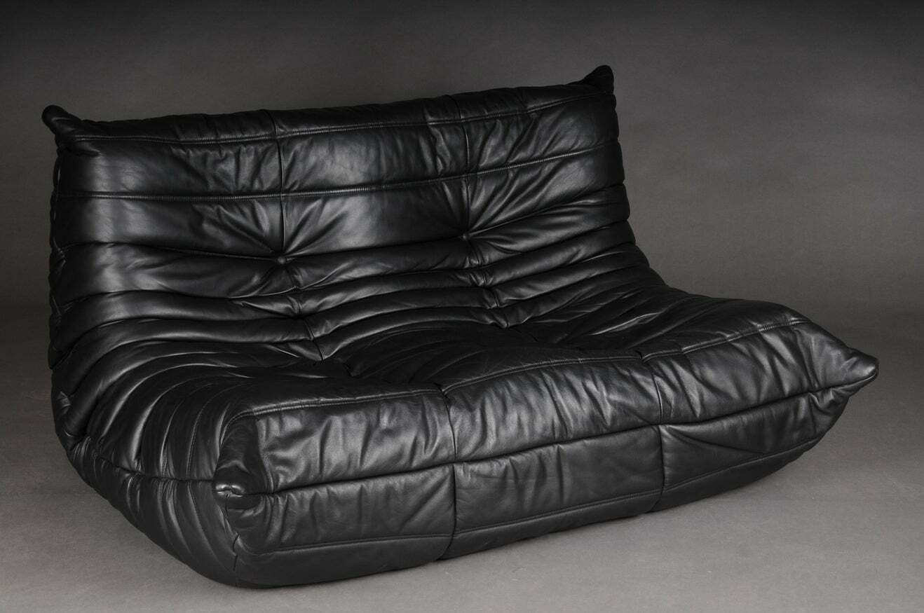 Two Seat Togo Sofa Black Leather By Michel Ducaroy Ligne Roset France photo vinterior