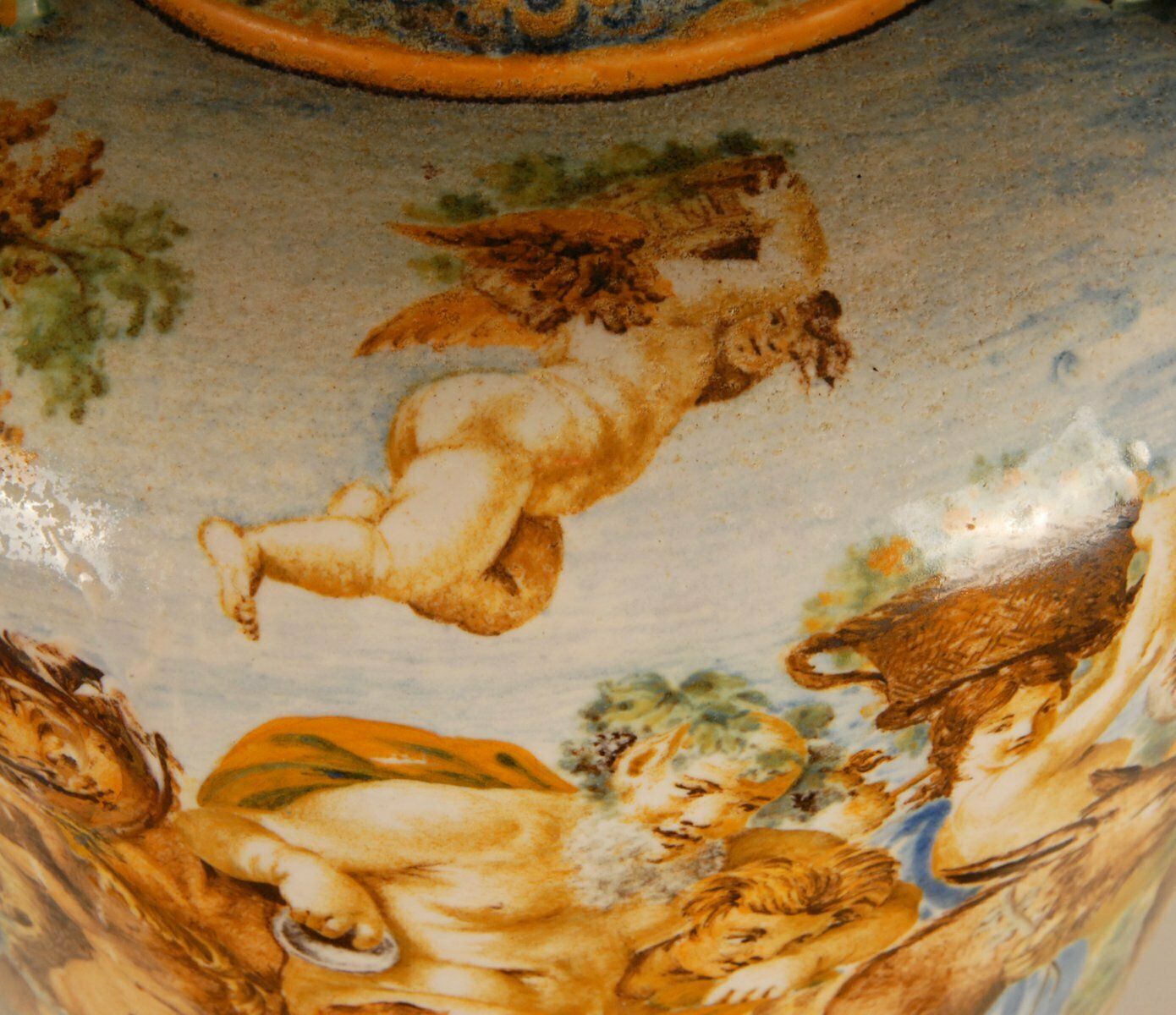 Tall Italian Majolica Serpentine Handles Vase With Separate Base Depicting Mythological Scene By Annibale Carracci, Farnese Gallery, Rome, 1597 photo for sale