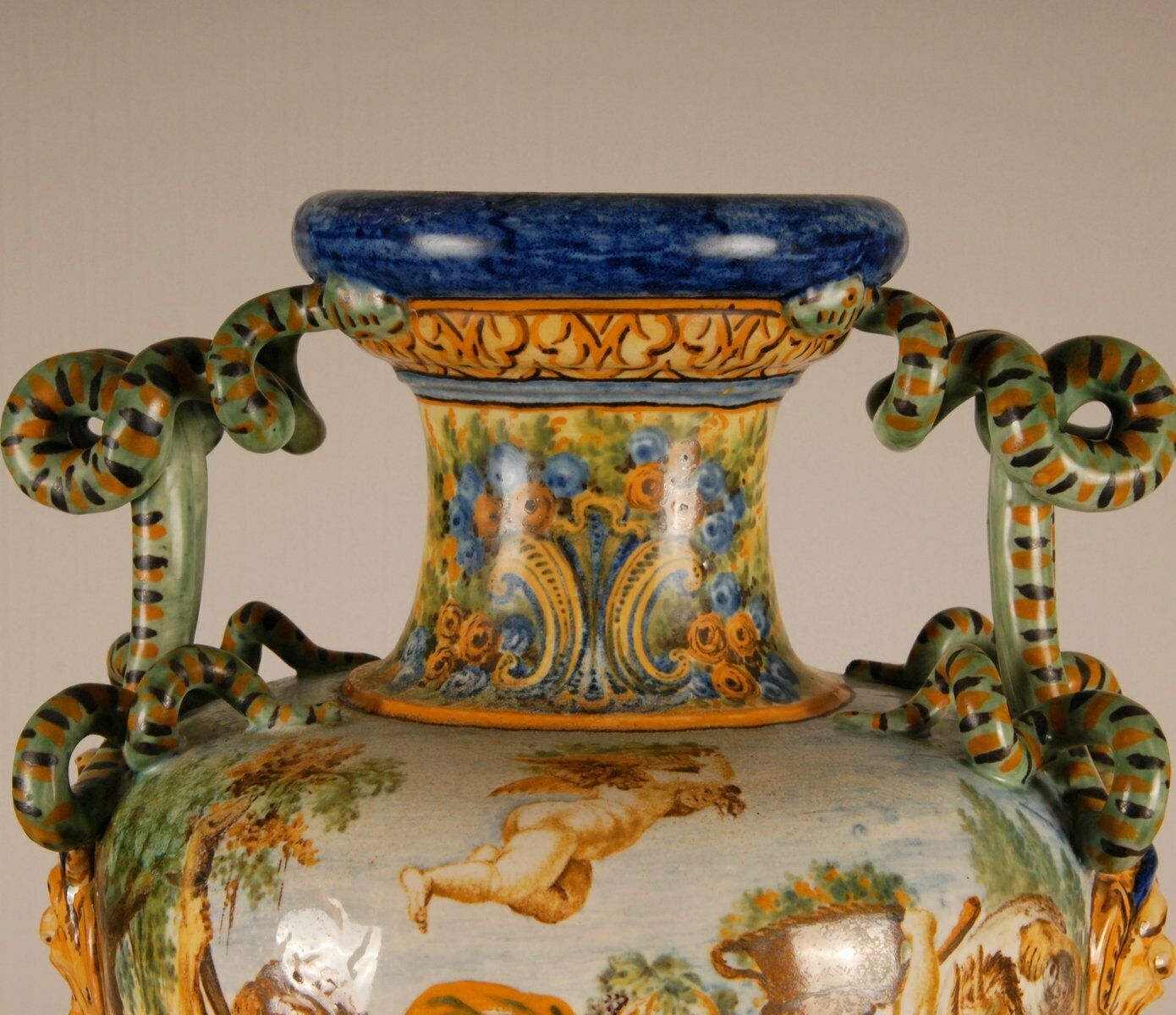 Tall Italian Majolica Serpentine Handles Vase With Separate Base Depicting Mythological Scene By Annibale Carracci, Farnese Gallery, Rome, 1597 photo buy