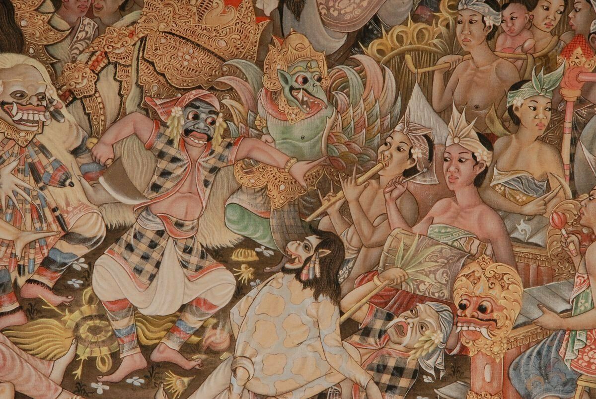 photo for sale Mid Century Indonesian Painting Of Carnival On Bali Ubud By M. Sudarta, 1960s