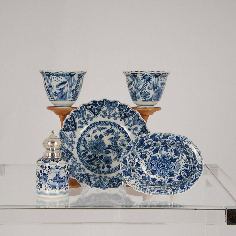 Dutch Blue And White Delftware Plates, Tea Caddy & Wanli Crow Cups, 1950s, Set Of 5 photo Home Decor