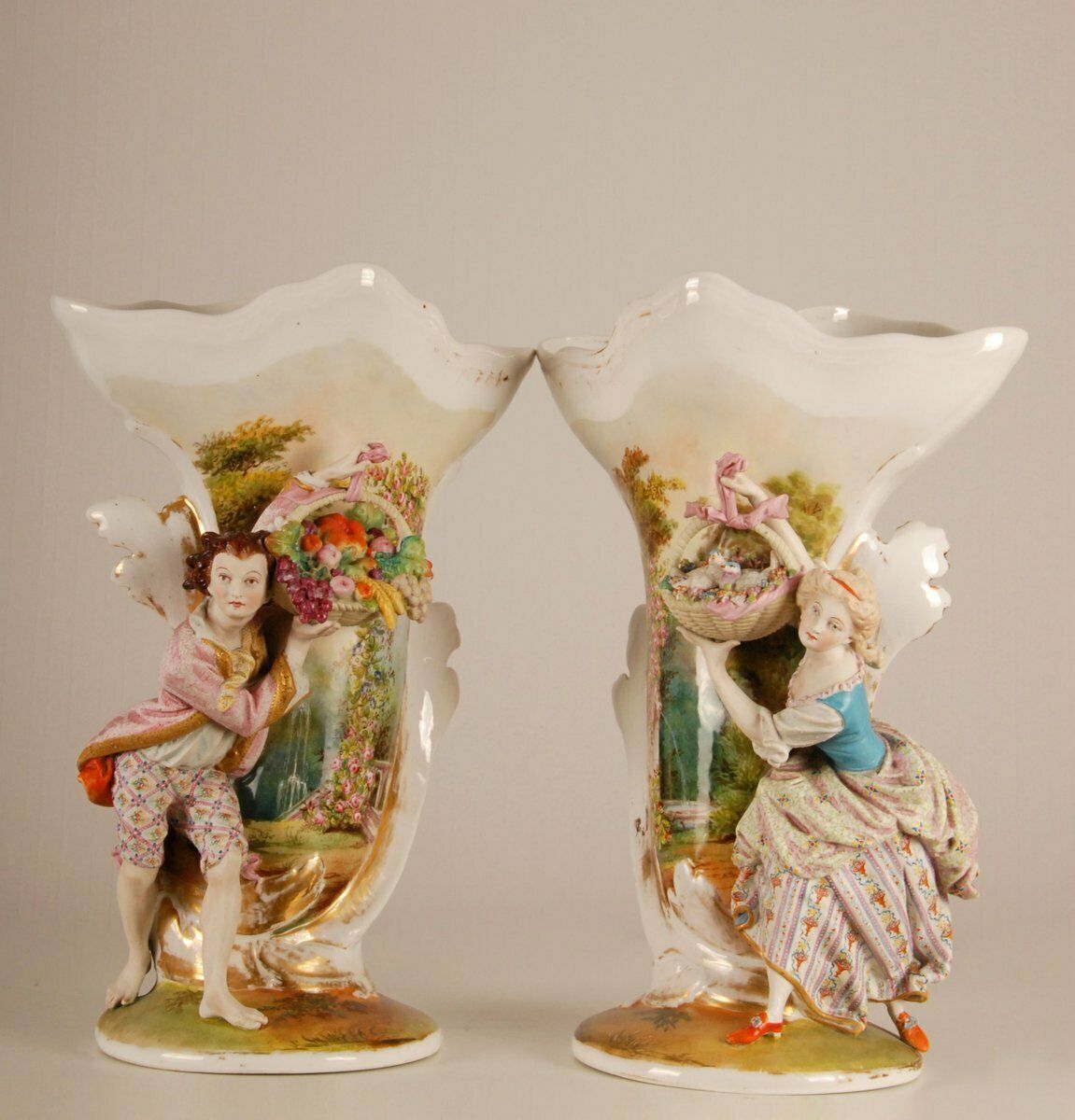 19th Century French Hand Crafted And Hand Painted Porcelain Belle Epoque Vases, Set Of 2