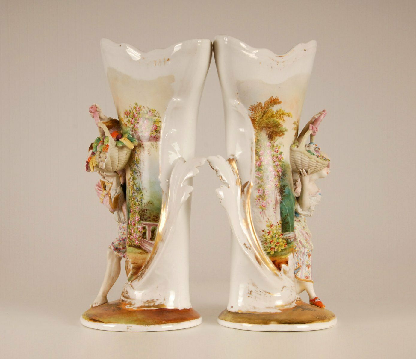 photo for sale 19th Century French Hand Crafted And Hand Painted Porcelain Belle Epoque Vases, Set Of 2