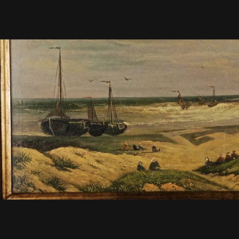 20th Century Unique Oil Painting Stormy Coastal Landscape With Sailing Ships photo furniture