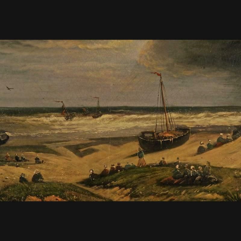 20th Century Unique Oil Painting Stormy Coastal Landscape With Sailing Ships photo for sale