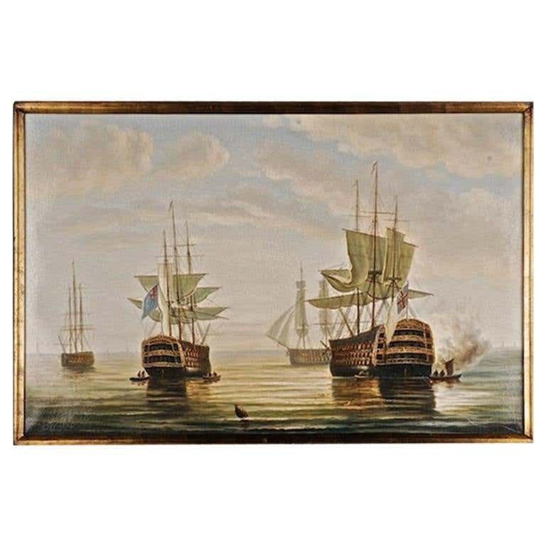 20th Century Oil Painting English Battleships In Coastal Waters