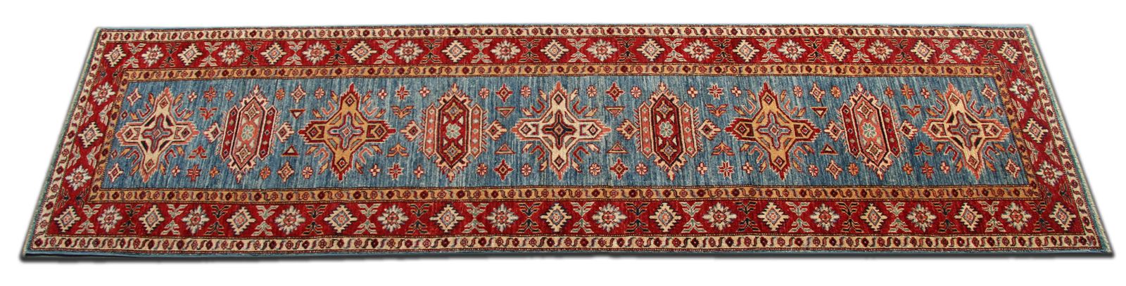 Handmade Runner Rug Traditional Kazak Carpet Rug Blue Geometric Runner photo furniture