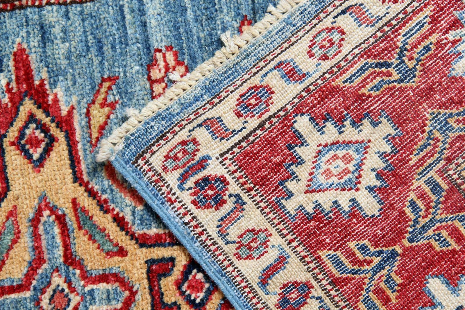 Handmade Runner Rug Traditional Kazak Carpet Rug Blue Geometric Runner photo Textiles
