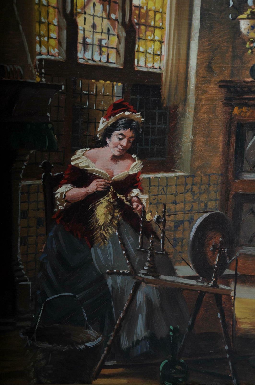 Oil Painting Lady At The Spinning Wheel, 20th Century photo buy