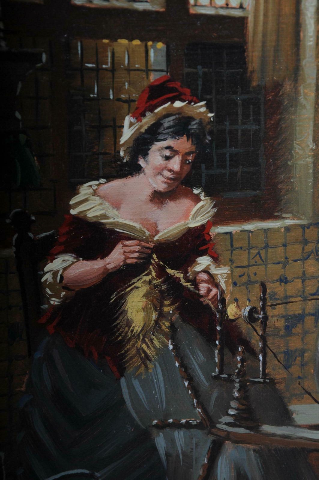 photo vintage Oil Painting Lady At The Spinning Wheel, 20th Century