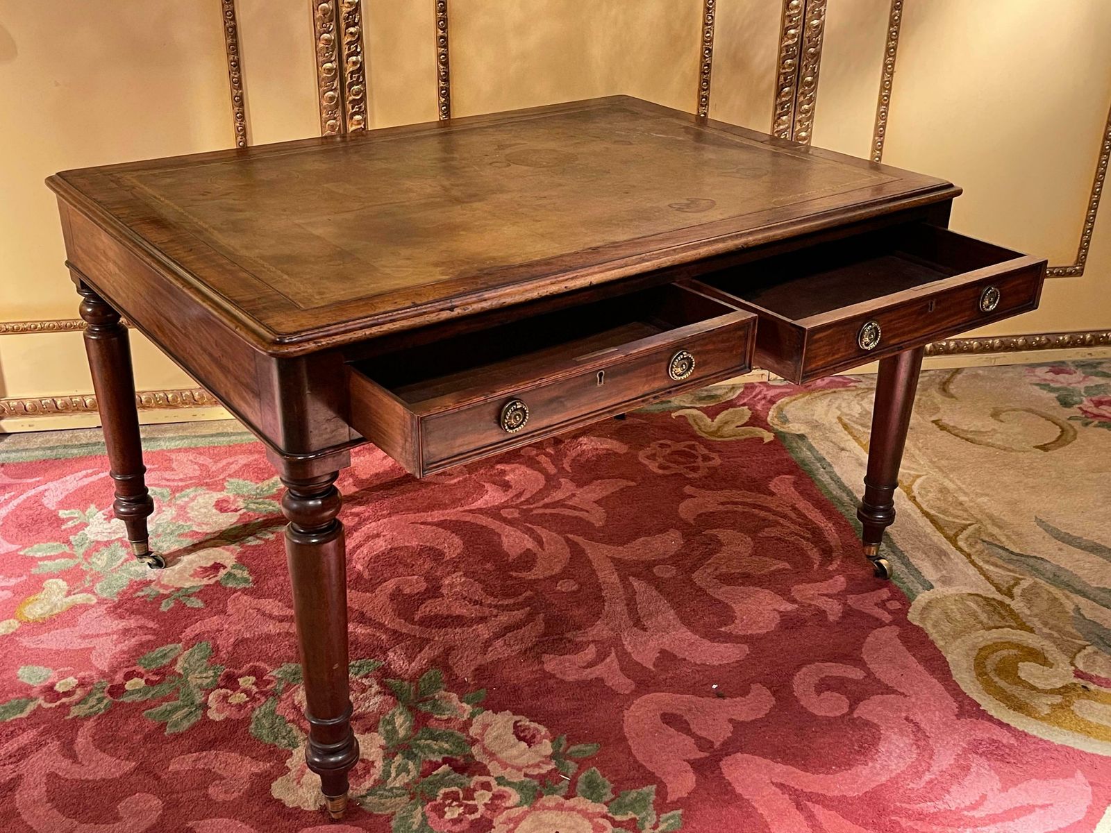 photo buy 19th Century Victorian English Partner Desk Column Shaped Legs Writing Table