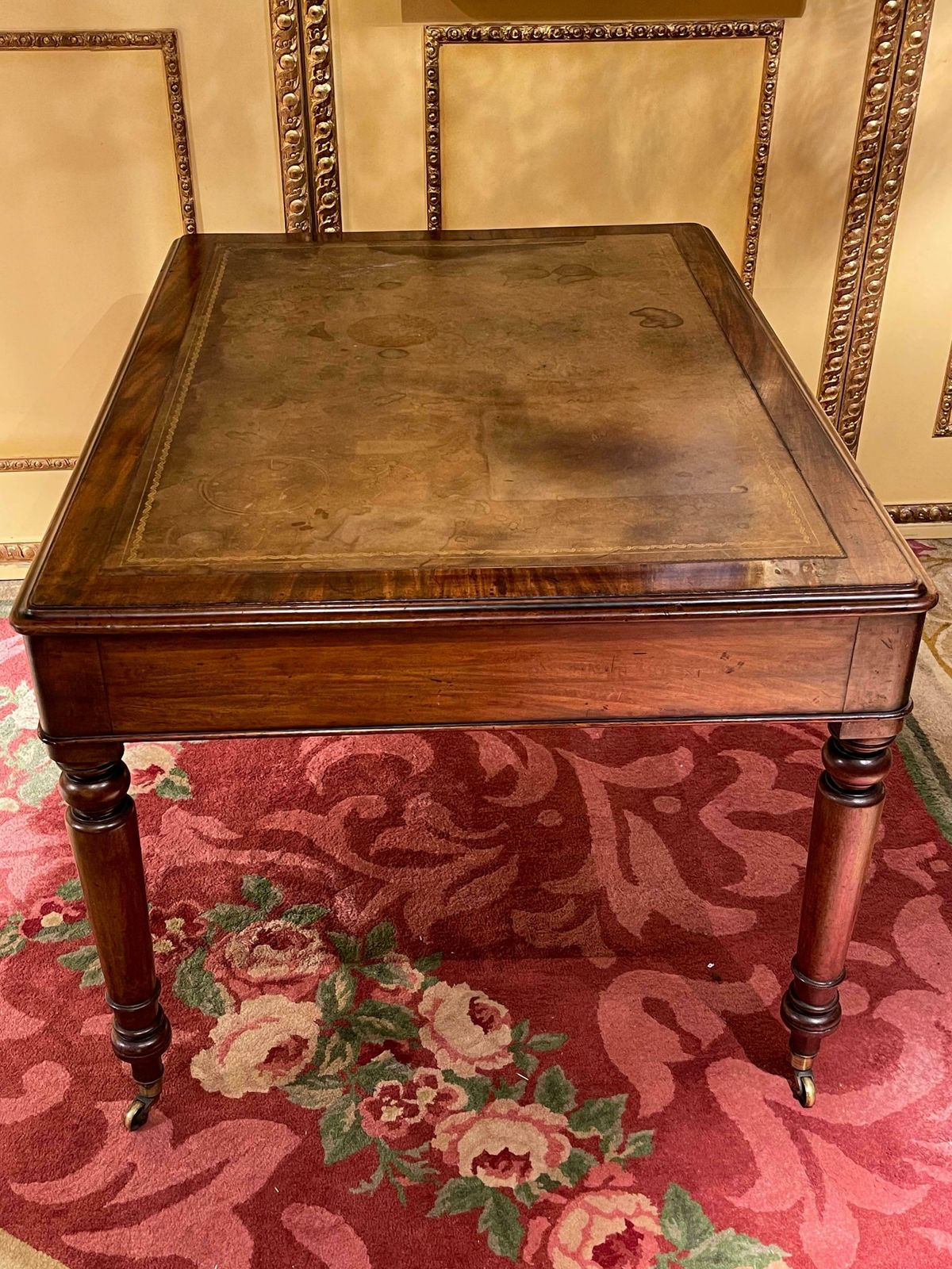 photo vintage 19th Century Victorian English Partner Desk Column Shaped Legs Writing Table