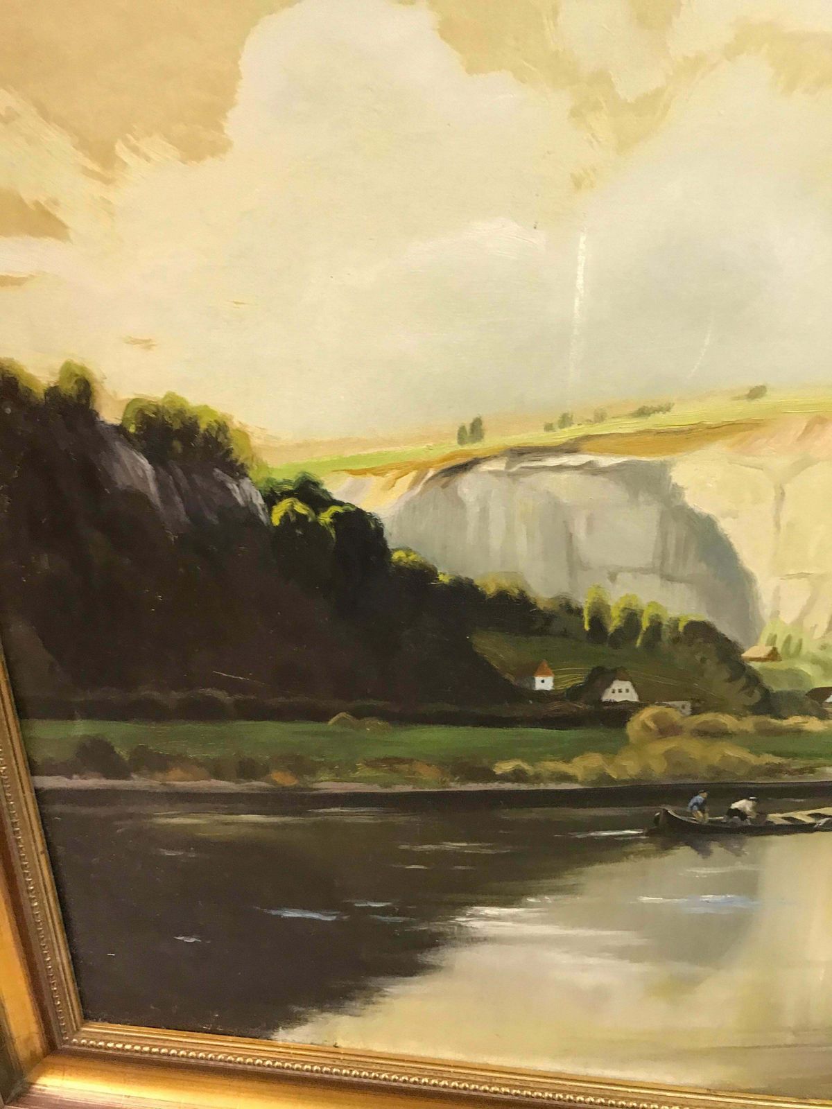 Large Oil Painting Ship At Sea Mountain View 1900 photo Art