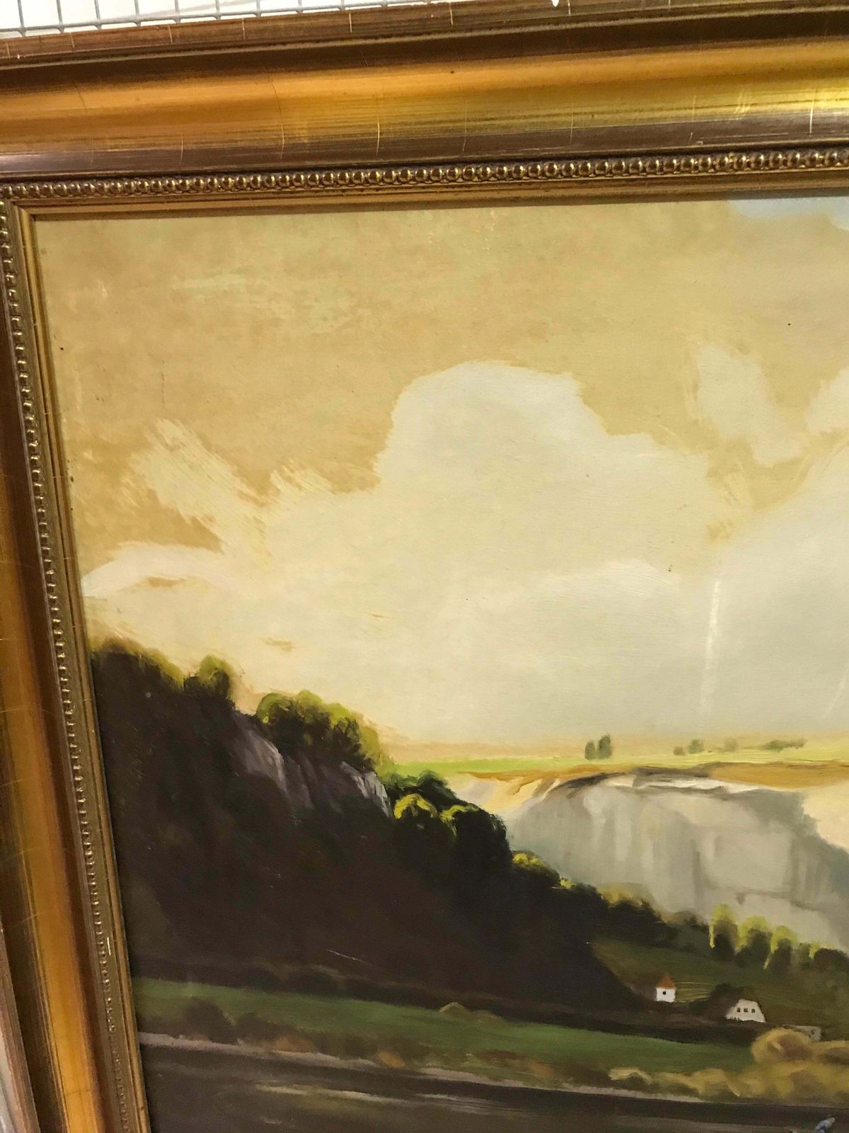 Large Oil Painting Ship At Sea Mountain View 1900 photo 1130.0