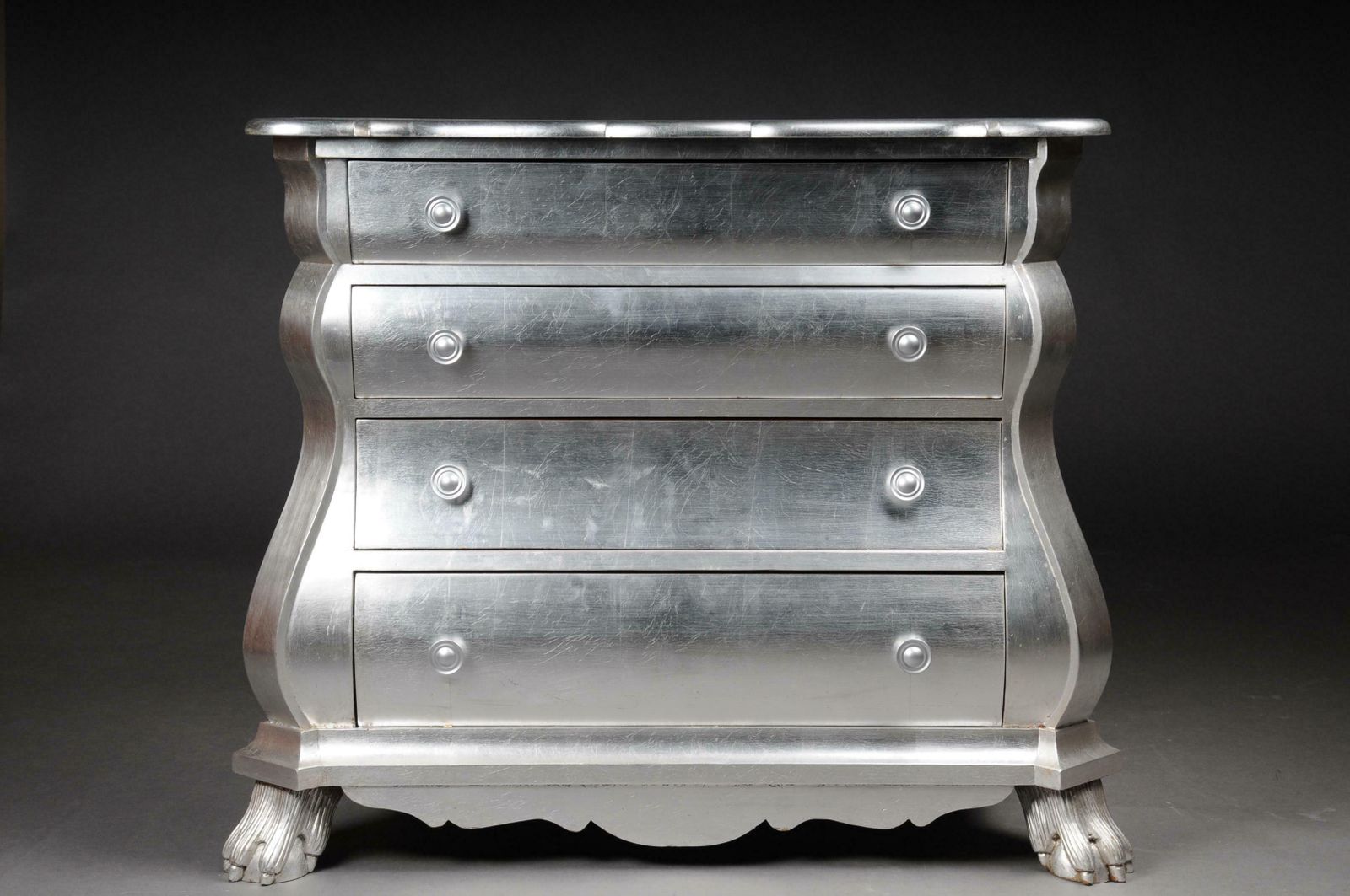 Modern Designer Baroque Chest Of Drawers, Silver Leaf