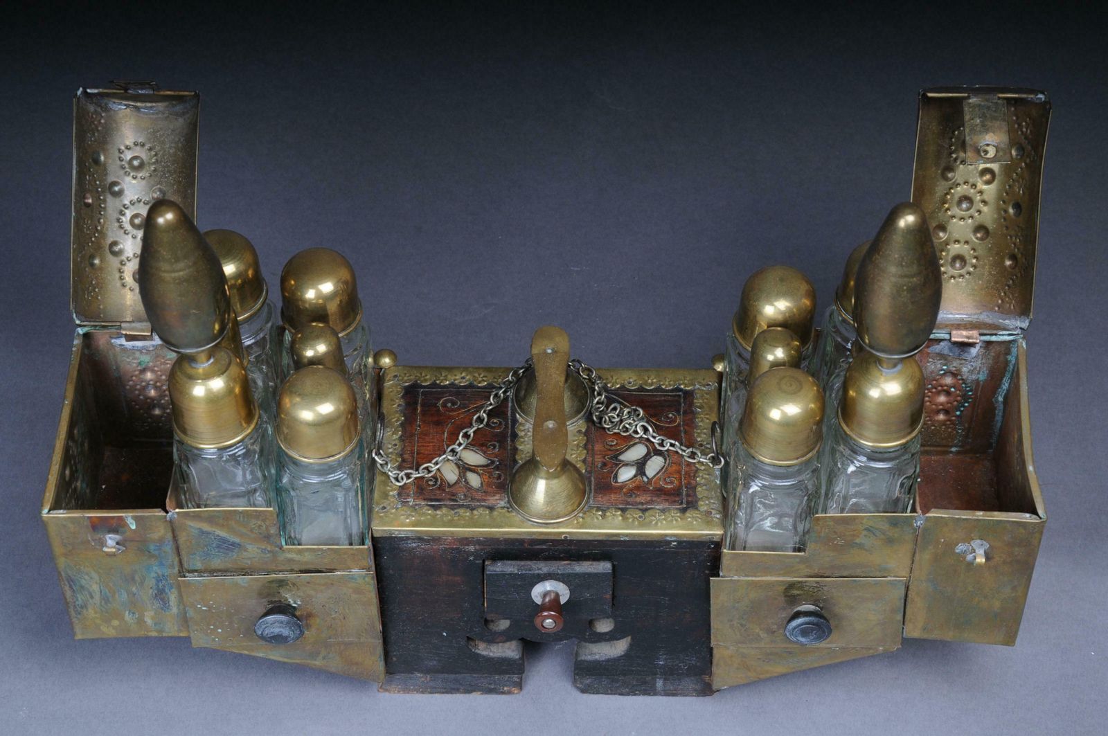 Home Decor Decorative Oriental Shoe Polish Set Brass With Mother Of Pearl, 20th Century photo