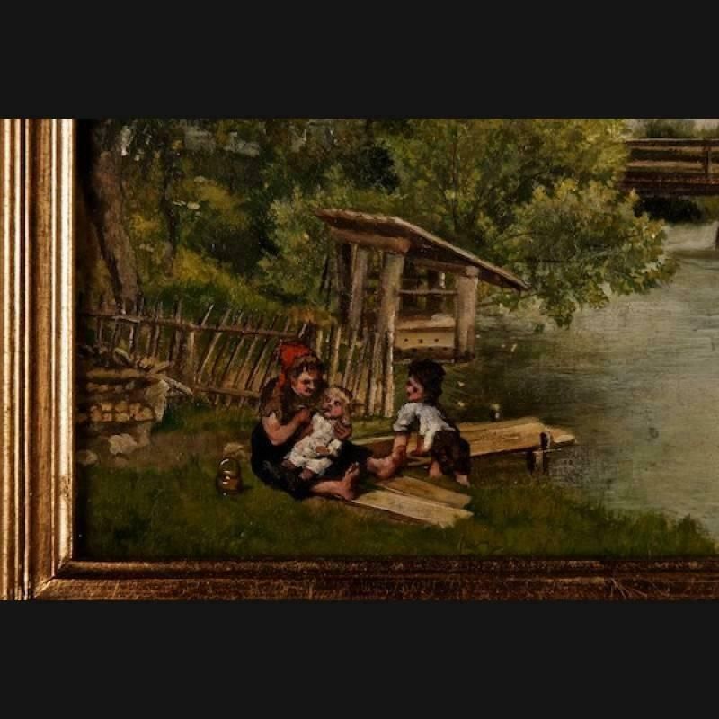 19th Century Painting Landscape With Children Playing photo for sale