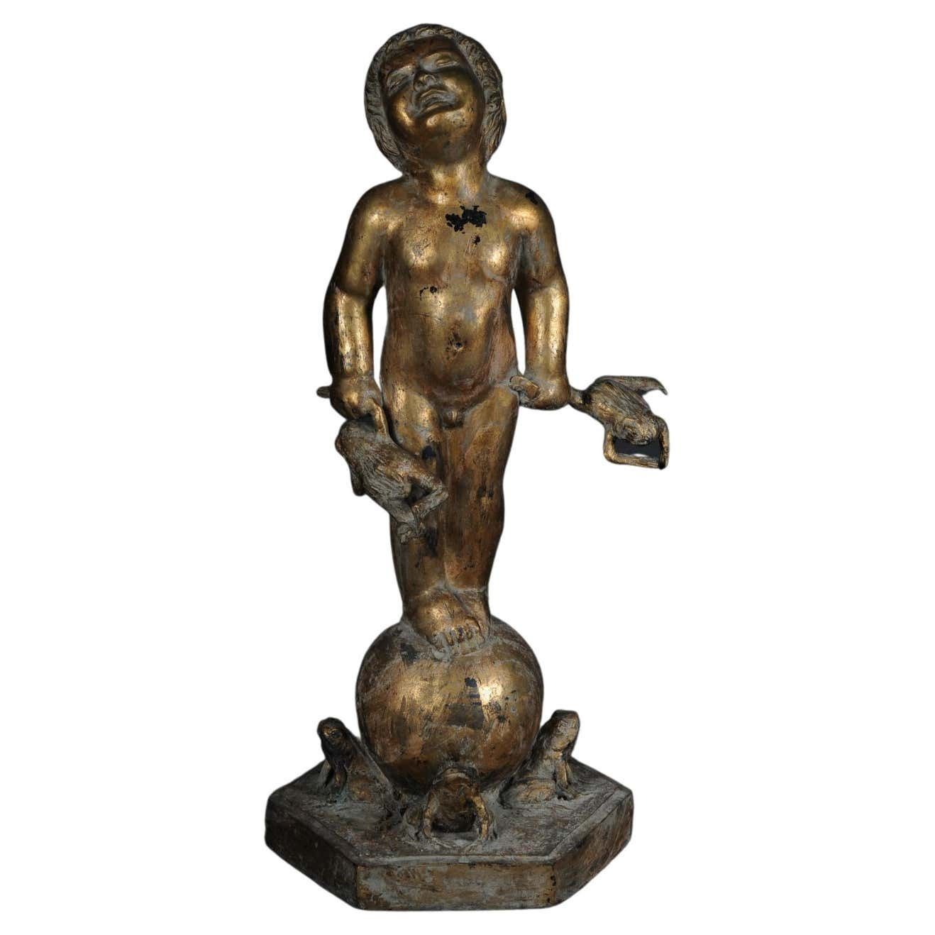 20th Century Unique Sculpture Of A Putto With Frogs, Gold