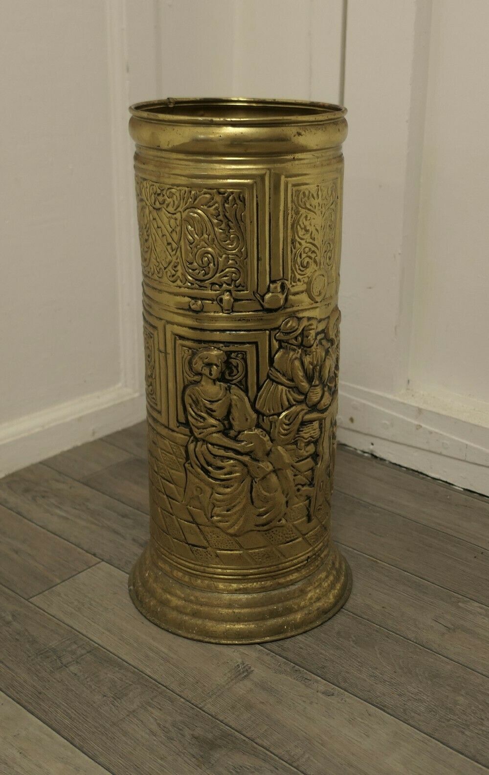 Arts And Crafts Embossed Brass Stick Stand, Umbrella Stand