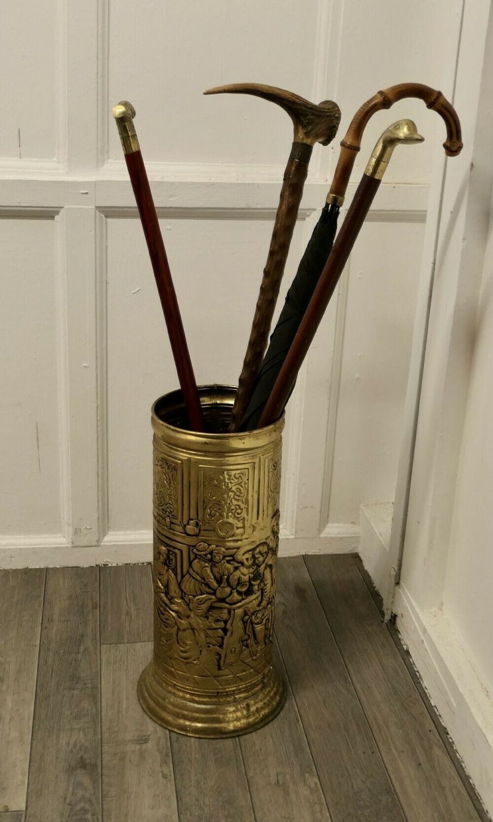 Arts And Crafts Embossed Brass Stick Stand, Umbrella Stand photo vinterior