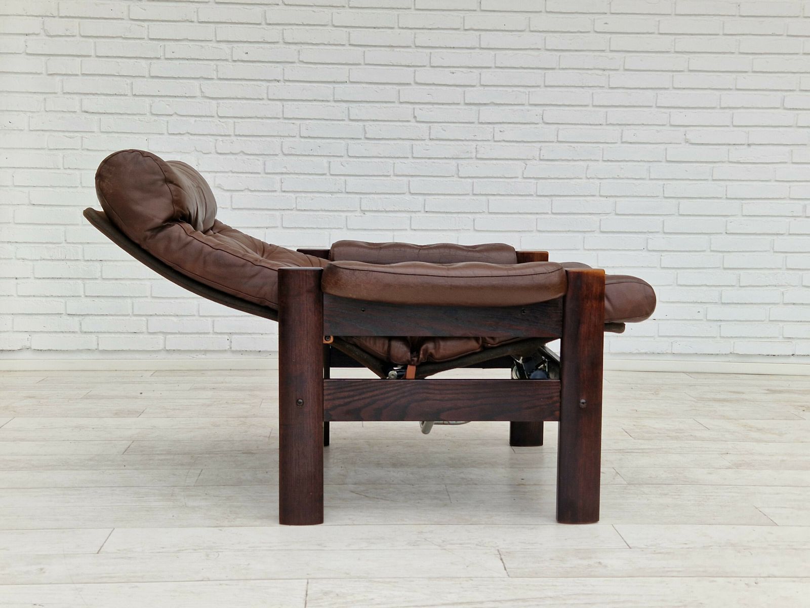 1970s, Scandinavian Adjustable Lounge Chair, Brown Leather, Oak Wood. photo Furniture
