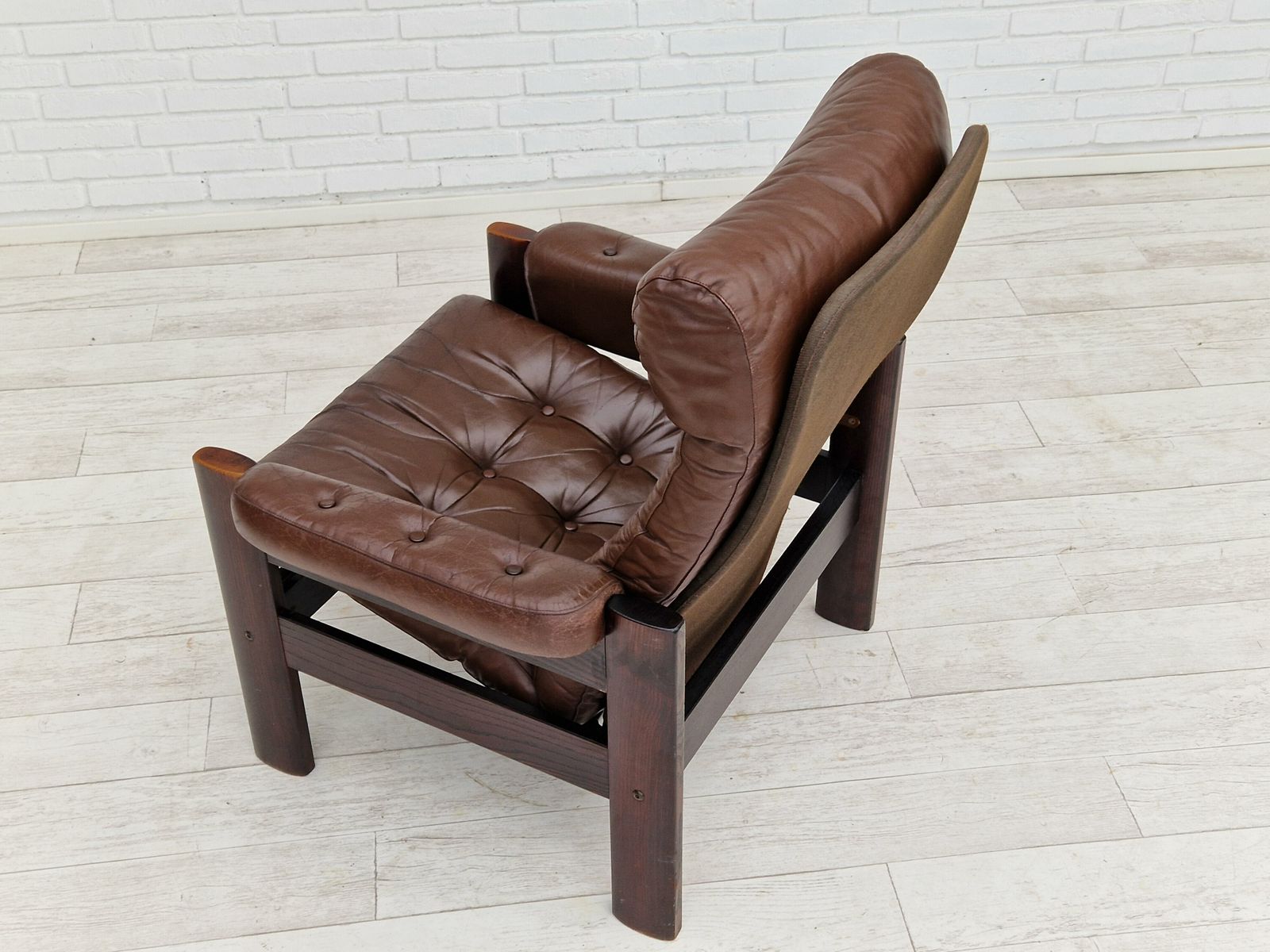 1970s, Scandinavian Adjustable Lounge Chair, Brown Leather, Oak Wood. photo vintage