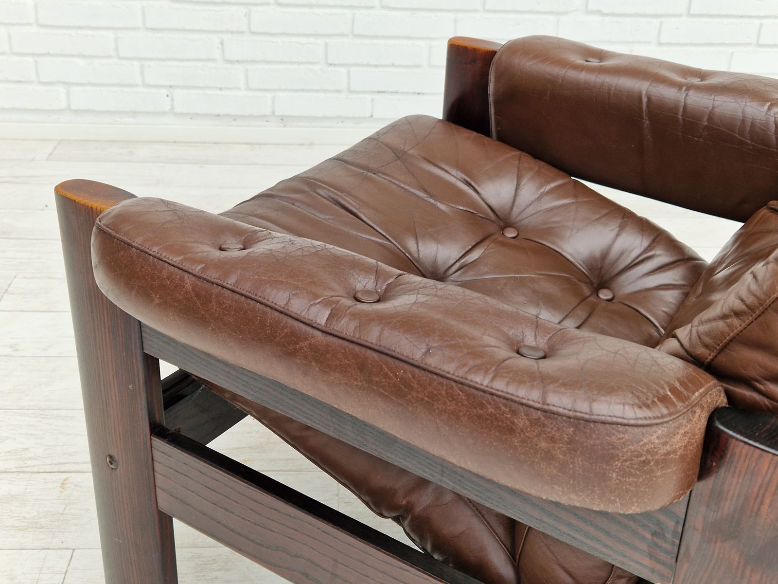 950.0 1970s, Scandinavian Adjustable Lounge Chair, Brown Leather, Oak Wood. photo