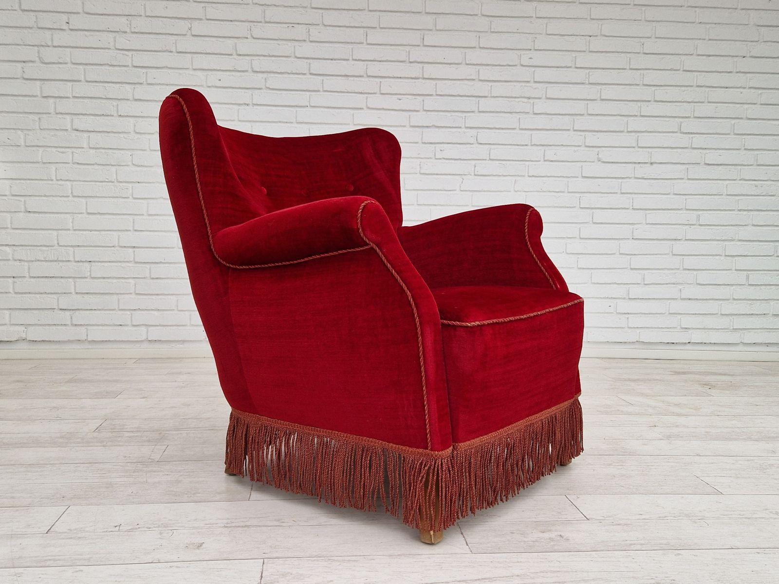 1960s, Danish Vintage Armchair In Cherry Red Velvet. photo vintage