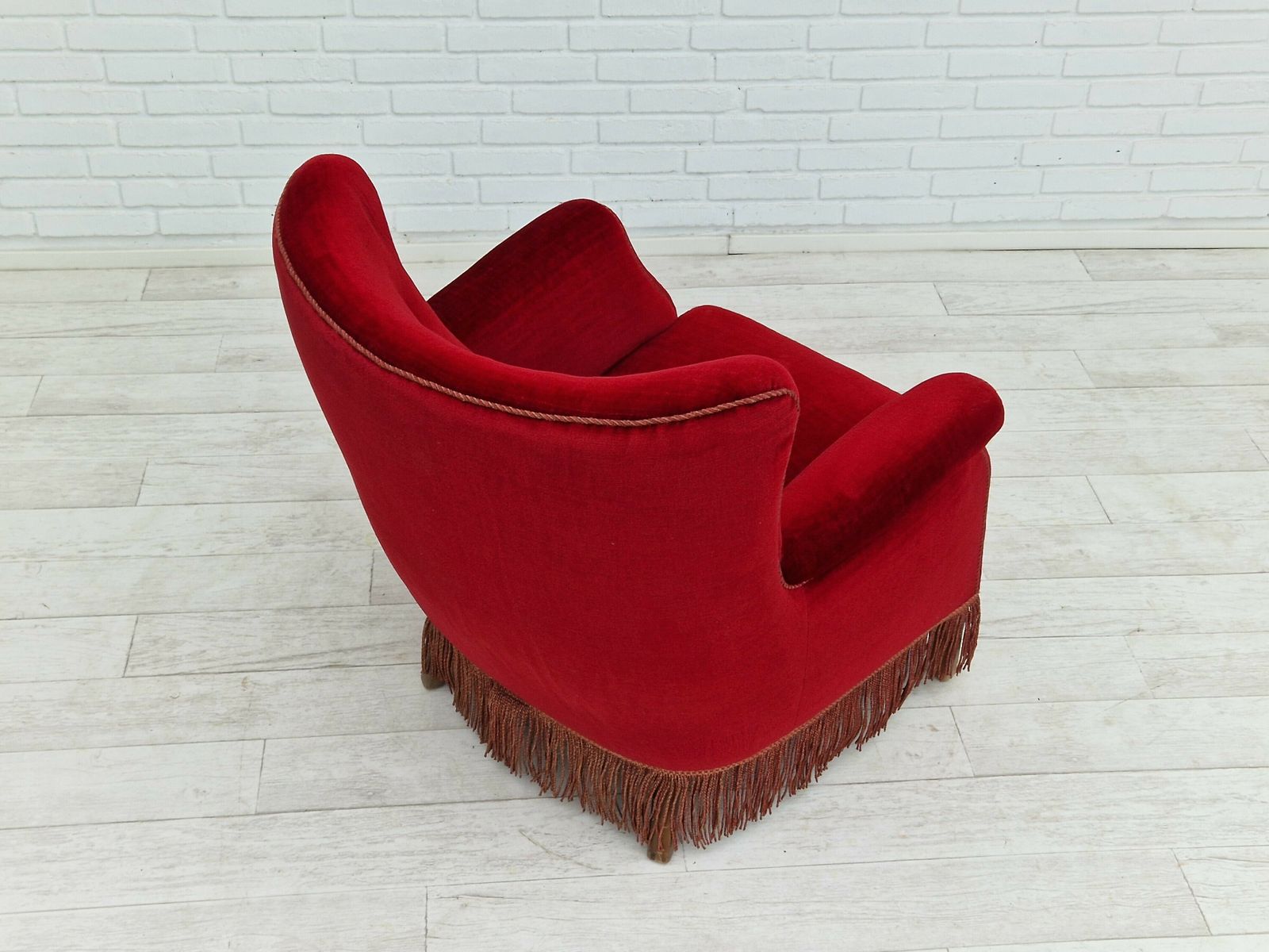 photo furniture 1960s, Danish Vintage Armchair In Cherry Red Velvet.