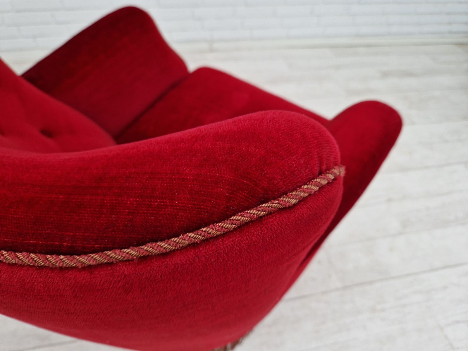 850.0 1960s, Danish Vintage Armchair In Cherry Red Velvet. photo