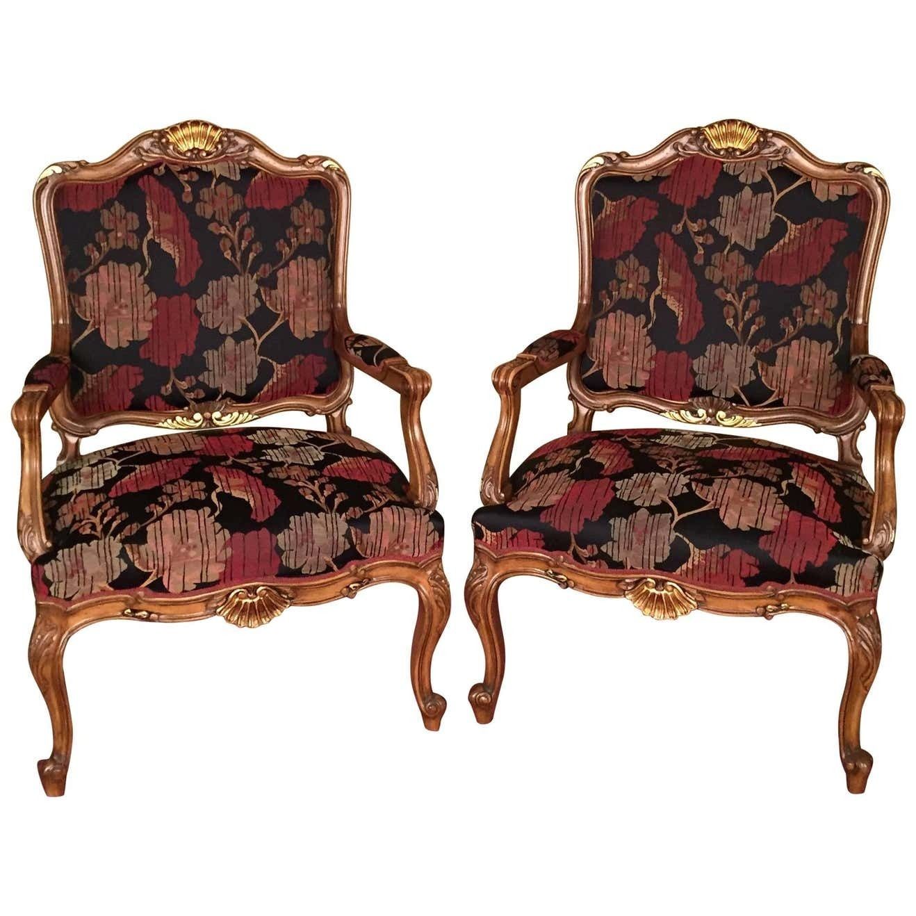 20th Century Neo Baroque Pair Of Armchairs, Solid Walnut